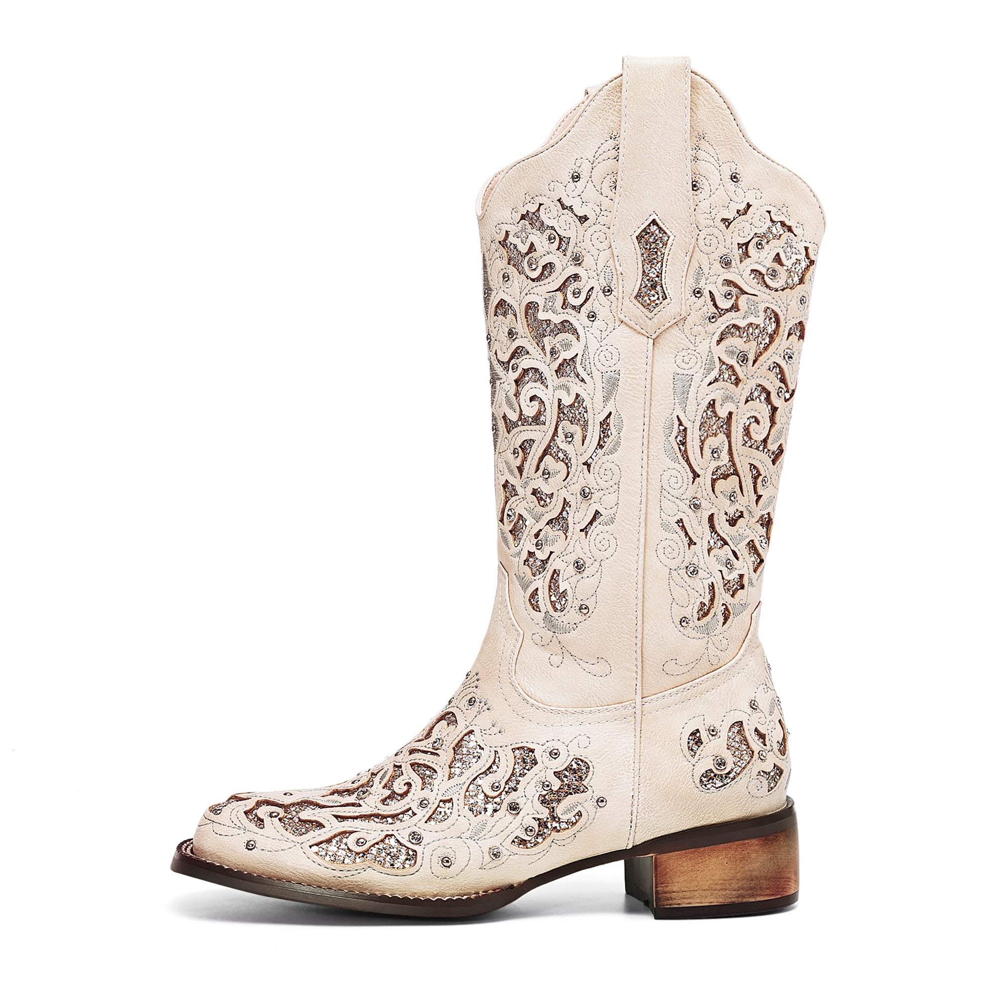 Tuhoomall Western Style Embroidered Mid-Calf Boots For Fashion, Travel, Outdoor - Chunky Heel, Faux Suede, Slip-On, Rhinestones, 3cm Heel Height