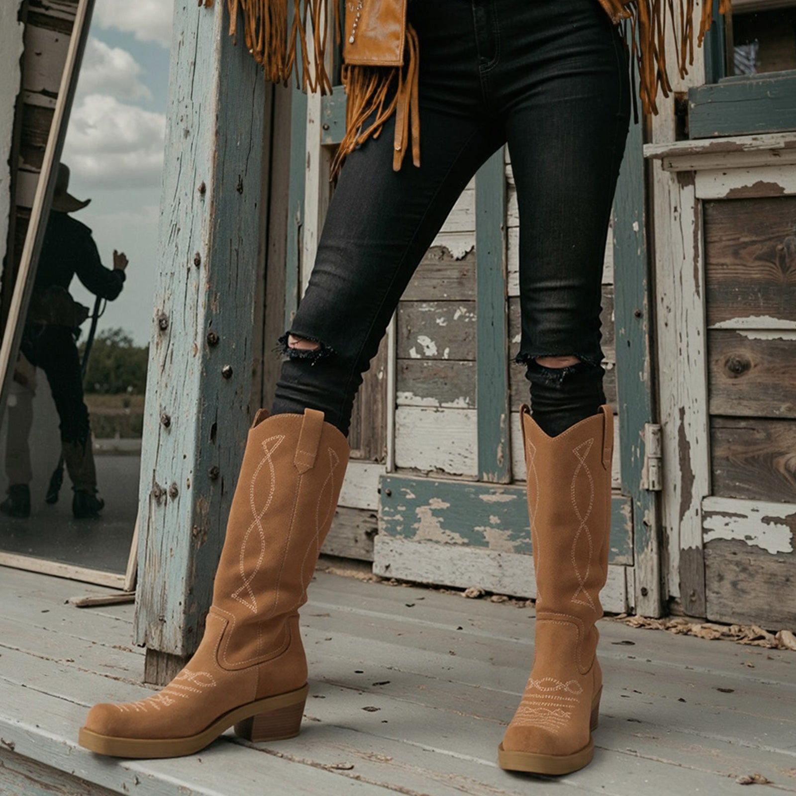 Tuhoomall Western Style Knee-High Cowboy Boots for Women, Casual Vintage Square Toe Chunky Heel, Embroidered Faux Suede, Spring Autumn Winter