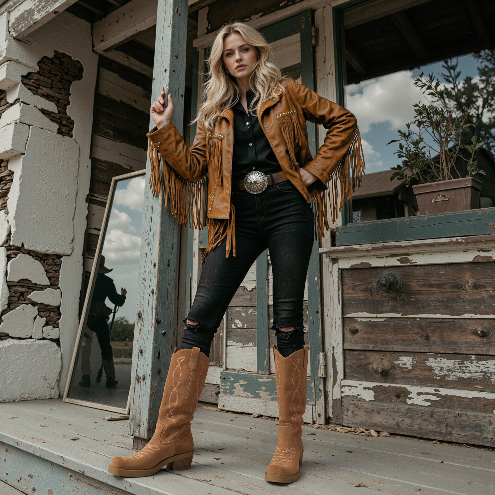Tuhoomall Western Style Knee-High Cowboy Boots for Women, Casual Vintage Square Toe Chunky Heel, Embroidered Faux Suede, Spring Autumn Winter