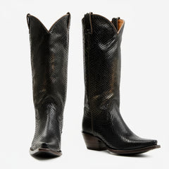 Tuhoomall Western Style Snake Print Mid-Calf Boots for Women - Slip-On Chunky Heels for Casual and Work Wear