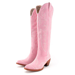 Tuhoomall Western Mid-Calf Boots With Wing Embroidery - Stylish Casual Footwear For Parties - Faux Suede, Low Chunky Heel, Perfect For All Seasons