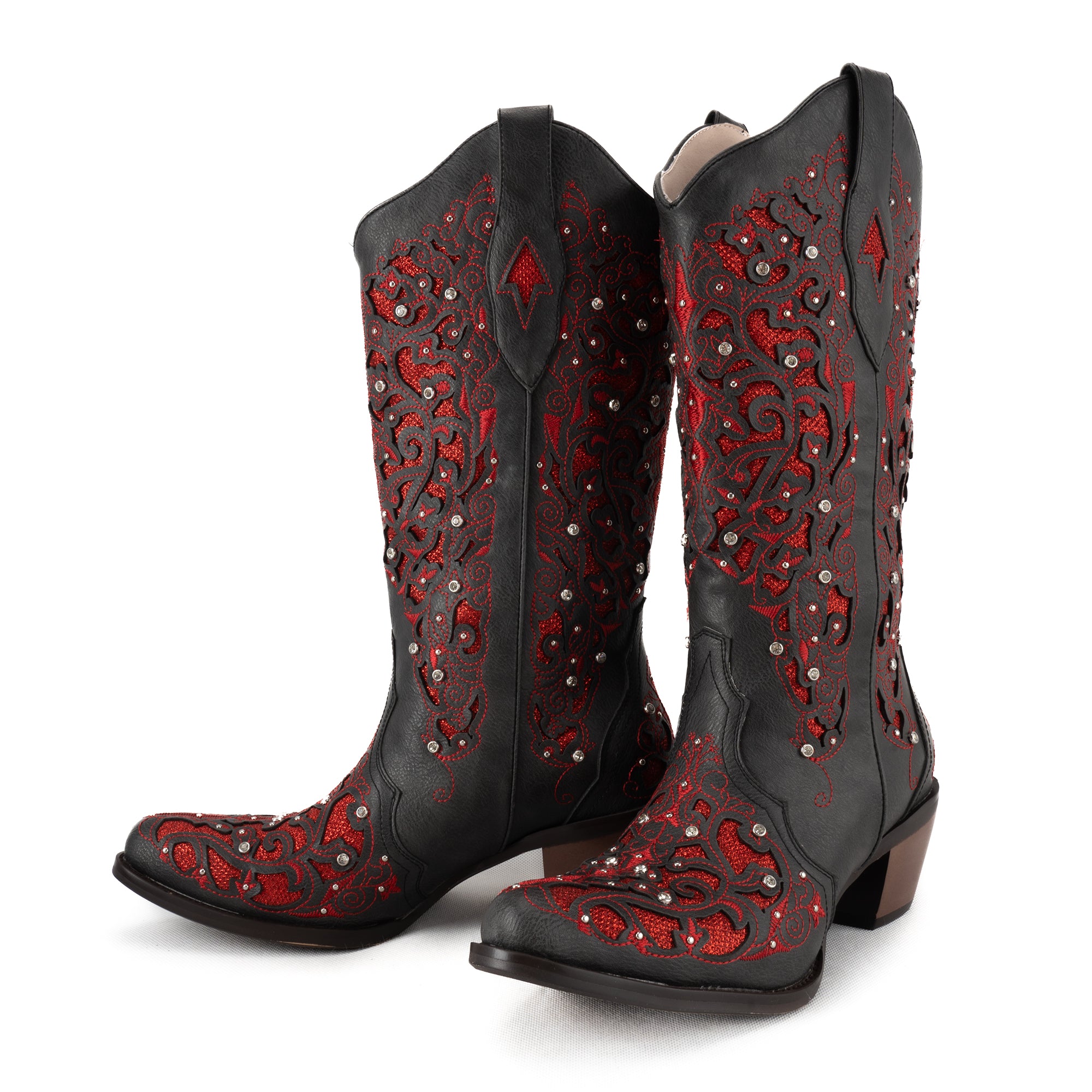 Tuhoomall Cowboy Boots for Women Western Square Toe Mid Calf White Cowgirl Boots Rhinestone Chunky Wedding