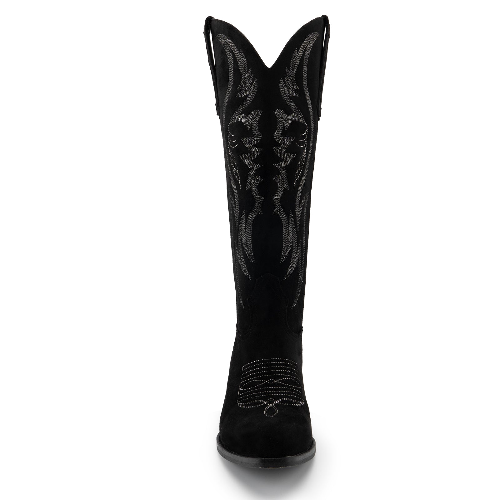 Tuhoomall Western Embroidered Pointed Toe Chunky Heel Slip-On Mid Calf Boots for Women, Retro Casual Style, Perfect for Weddings and Everyday Wear