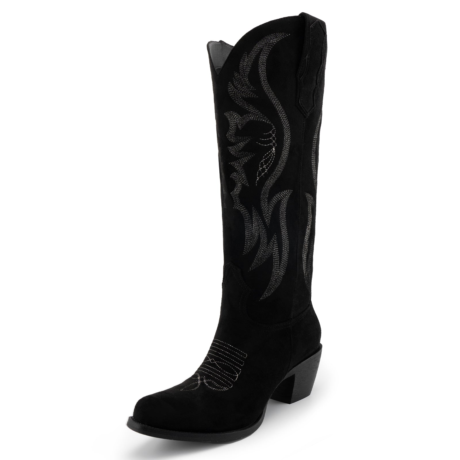 Tuhoomall Western Embroidered Pointed Toe Chunky Heel Slip-On Mid Calf Boots for Women, Retro Casual Style, Perfect for Weddings and Everyday Wear