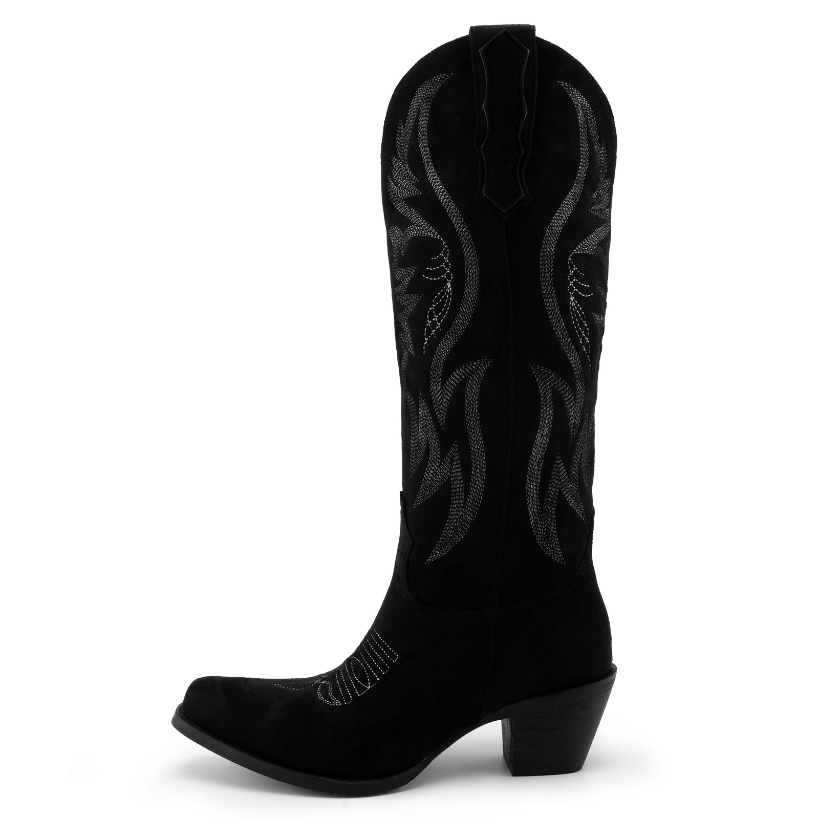 Tuhoomall Western Embroidered Pointed Toe Chunky Heel Slip-On Mid Calf Boots for Women, Retro Casual Style, Perfect for Weddings and Everyday Wear
