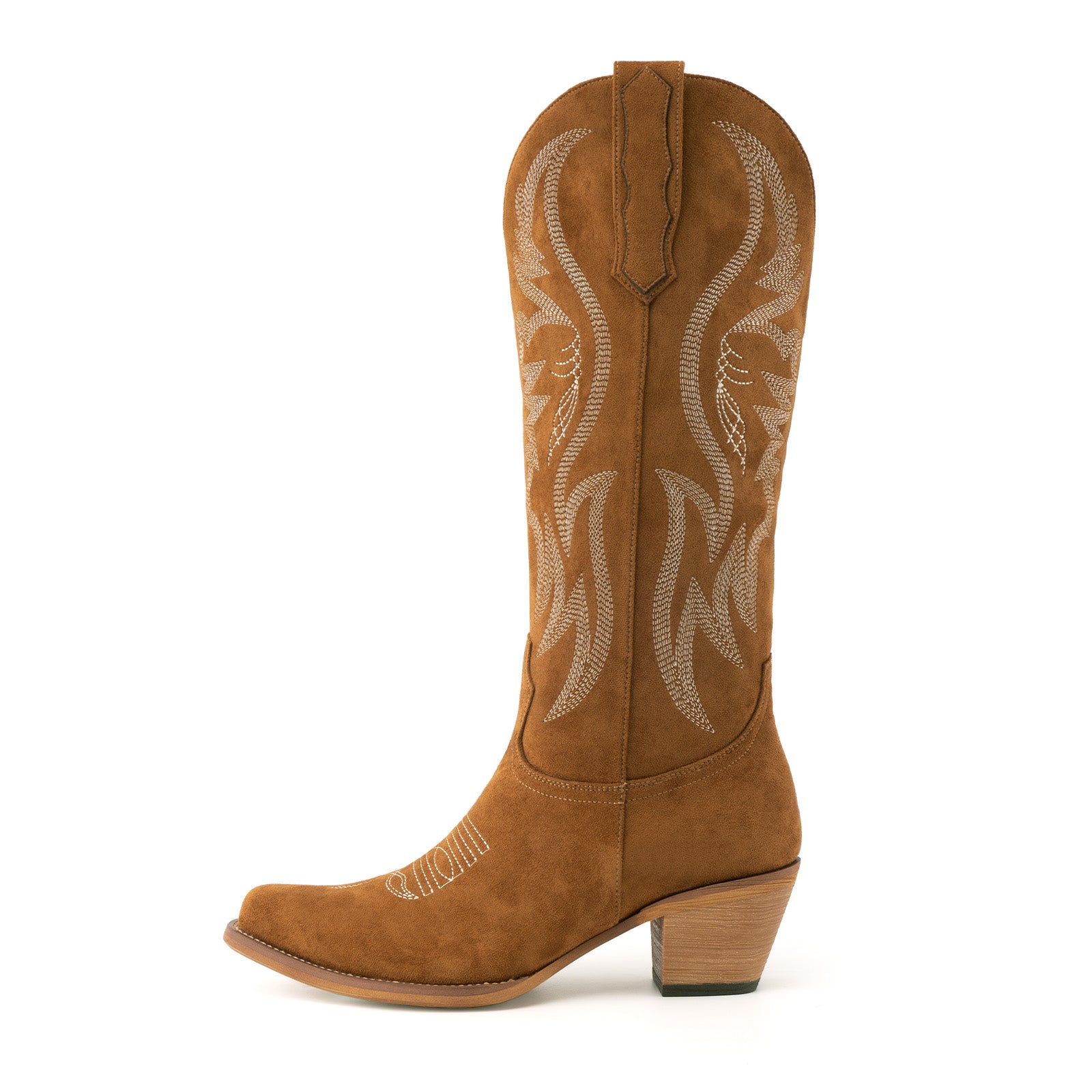 Tuhoomall Western Embroidered Pointed Toe Chunky Heel Slip-On Mid Calf Boots for Women, Retro Casual Style, Perfect for Weddings and Everyday Wear