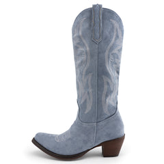 Tuhoomall Western Embroidered Pointed Toe Chunky Heel Slip-On Mid Calf Boots for Women, Retro Casual Style, Perfect for Weddings and Everyday Wear