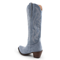 Tuhoomall Western Embroidered Pointed Toe Chunky Heel Slip-On Mid Calf Boots for Women, Retro Casual Style, Perfect for Weddings and Everyday Wear