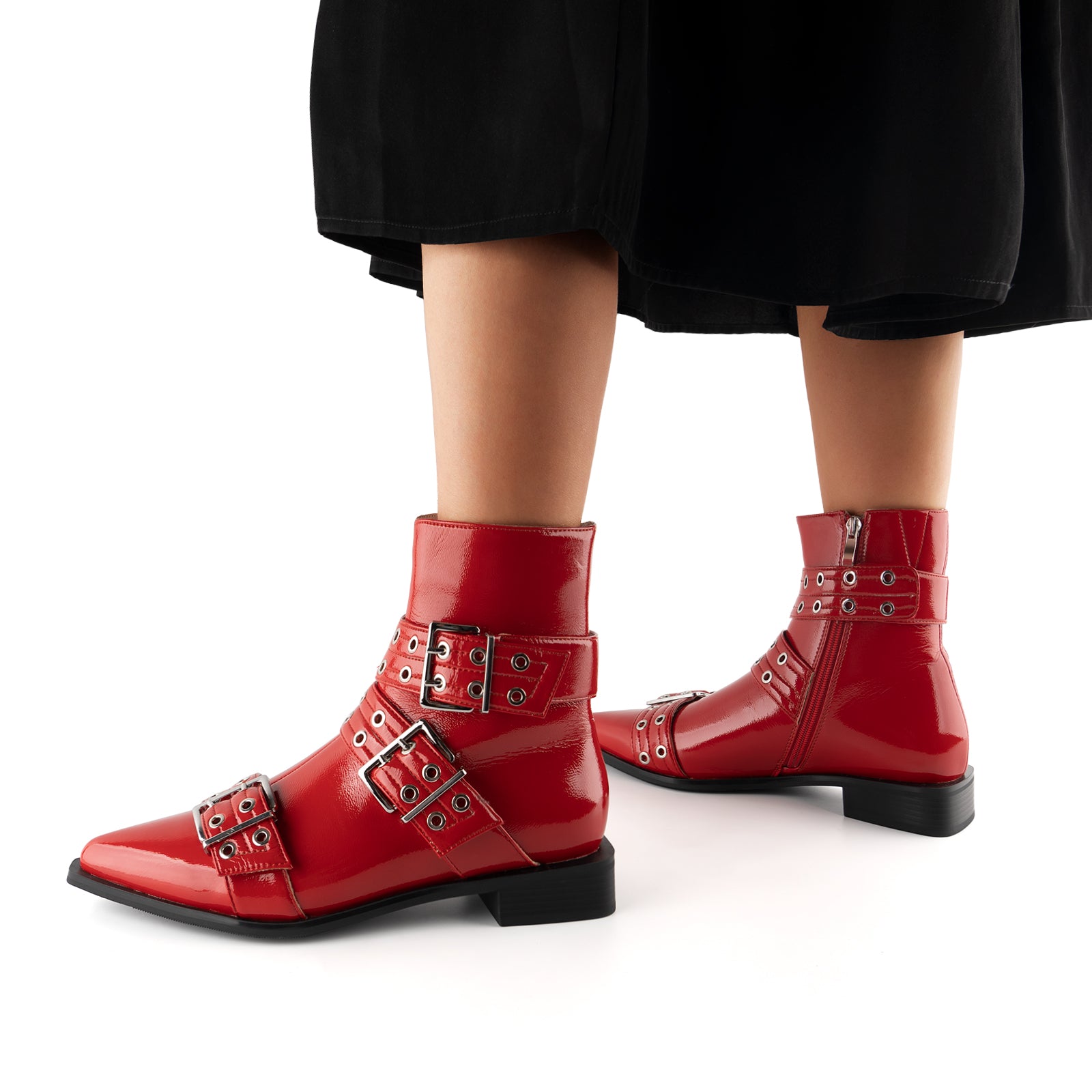 Tuhoomall Ankle Boots For Women, Casual Short Boots, Pointed Toe Chunky Heel, Zipper Closure With Hardware Buckle, PU Patent Leather, Rubber Sole, Ideal For Spring, Autumn, Winter