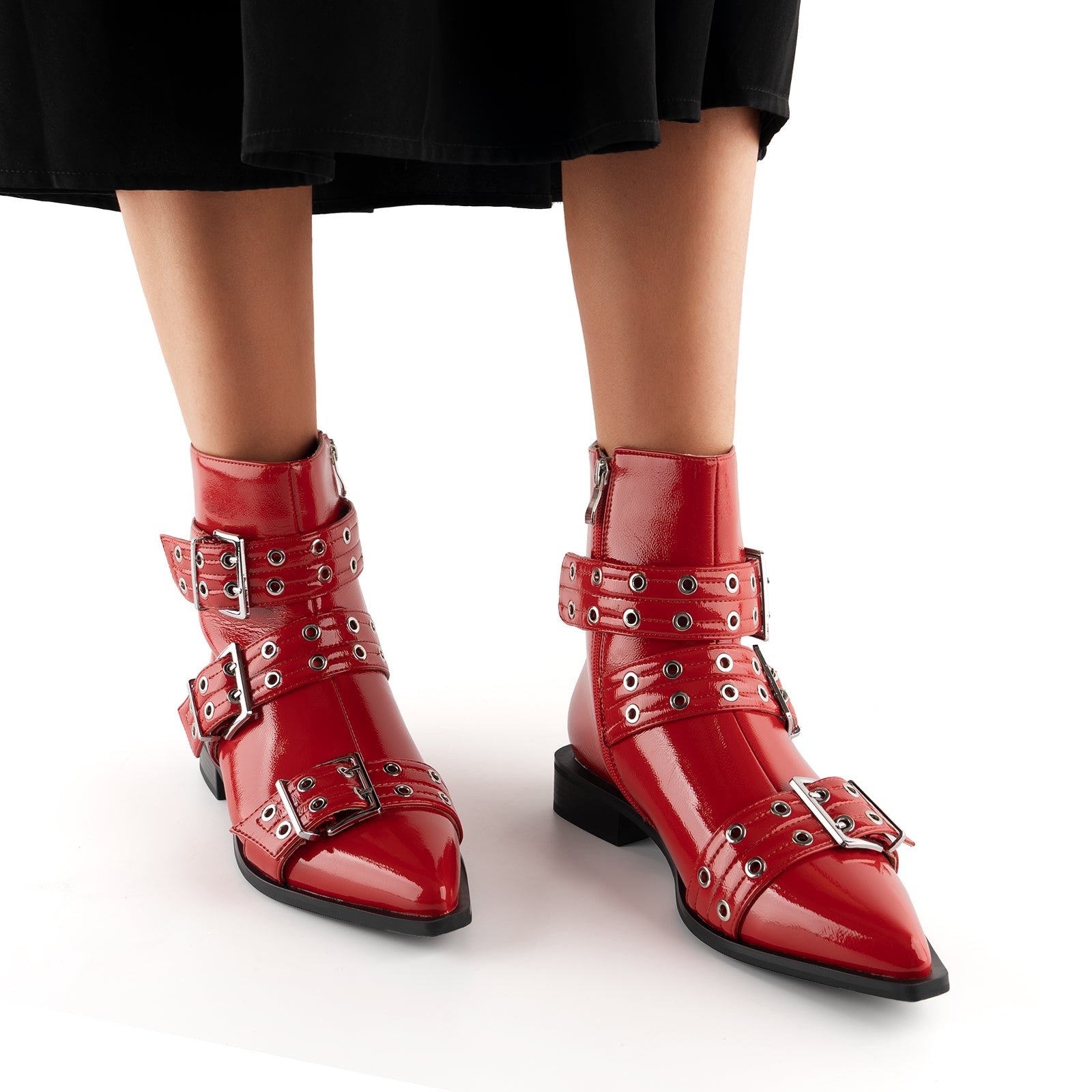 Tuhoomall Ankle Boots For Women, Casual Short Boots, Pointed Toe Chunky Heel, Zipper Closure With Hardware Buckle, PU Patent Leather, Rubber Sole, Ideal For Spring, Autumn, Winter
