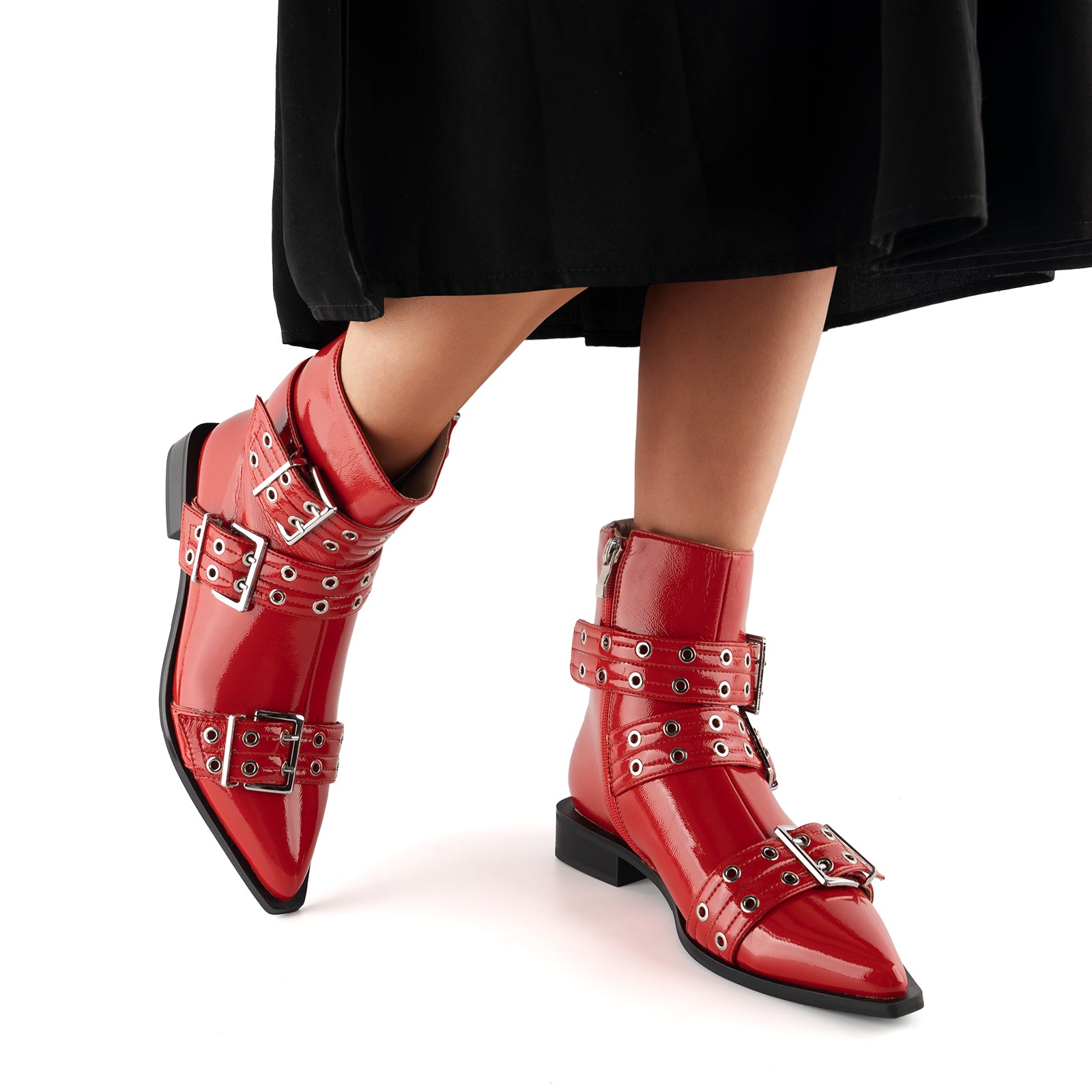 Tuhoomall Ankle Boots For Women, Casual Short Boots, Pointed Toe Chunky Heel, Zipper Closure With Hardware Buckle, PU Patent Leather, Rubber Sole, Ideal For Spring, Autumn, Winter