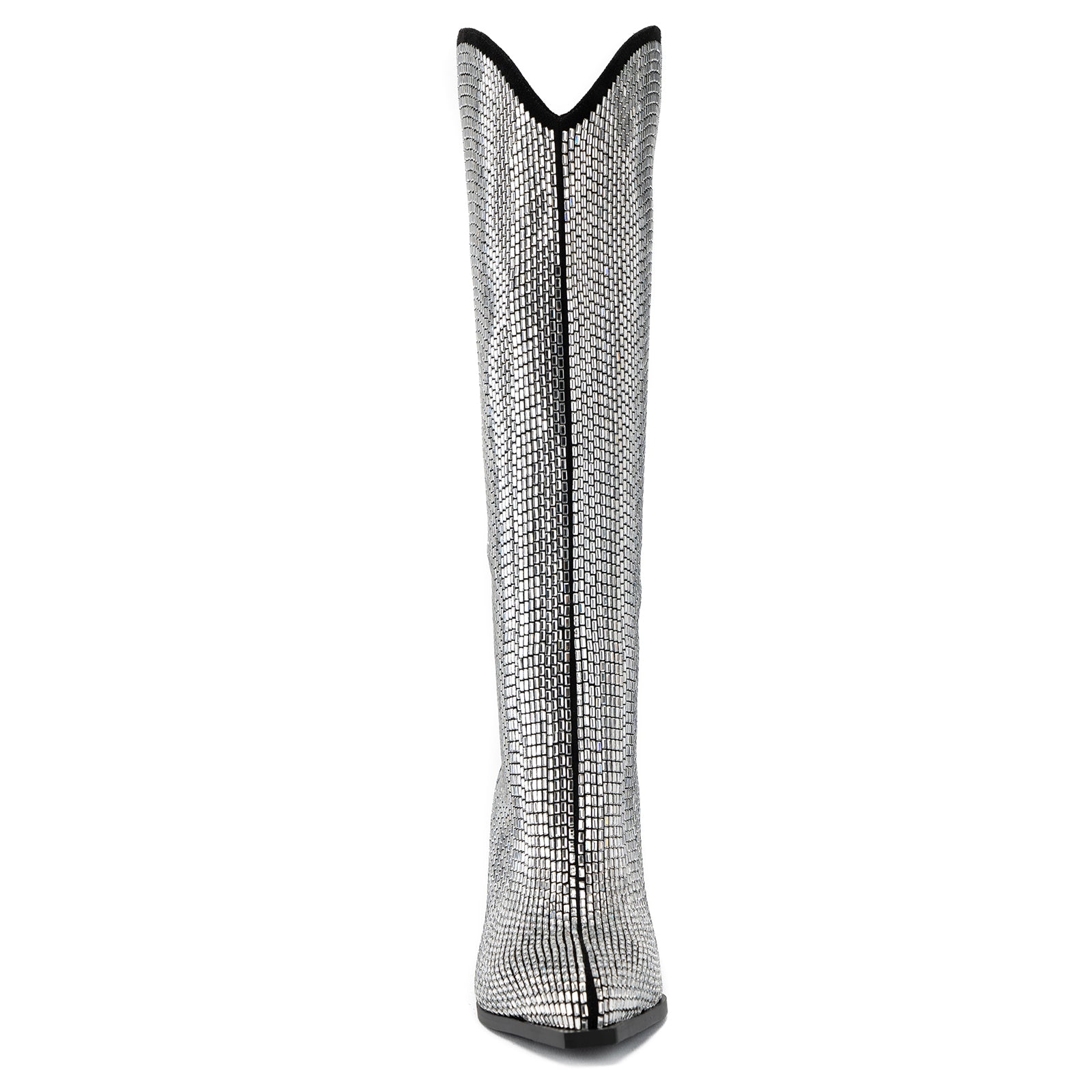 Tuhoomall Shiny Rhinestone Knee-High Boots for Parties and Performances, Stylish Pointed Toe Design, 9cm Chunky Heel, All-Season Wear