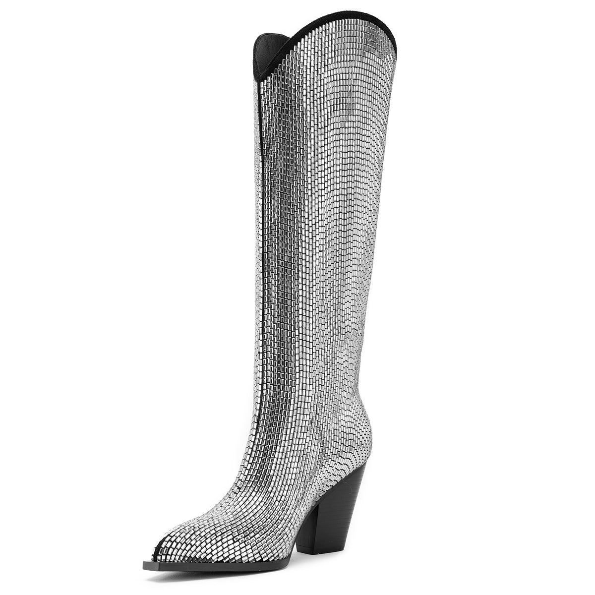 Tuhoomall Shiny Rhinestone Knee-High Boots for Parties and Performances, Stylish Pointed Toe Design, 9cm Chunky Heel, All-Season Wear