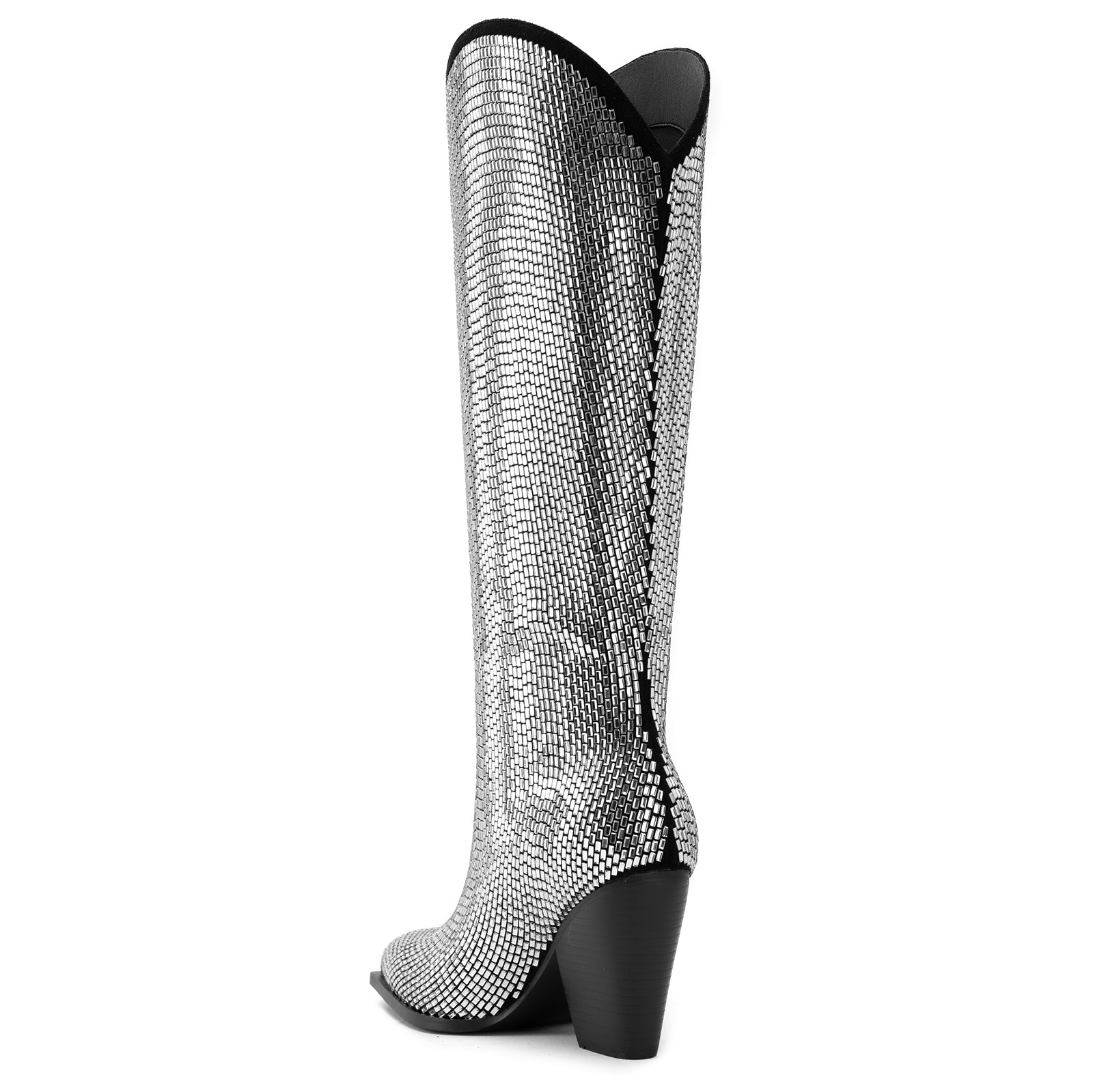 Tuhoomall Shiny Rhinestone Knee-High Boots for Parties and Performances, Stylish Pointed Toe Design, 9cm Chunky Heel, All-Season Wear