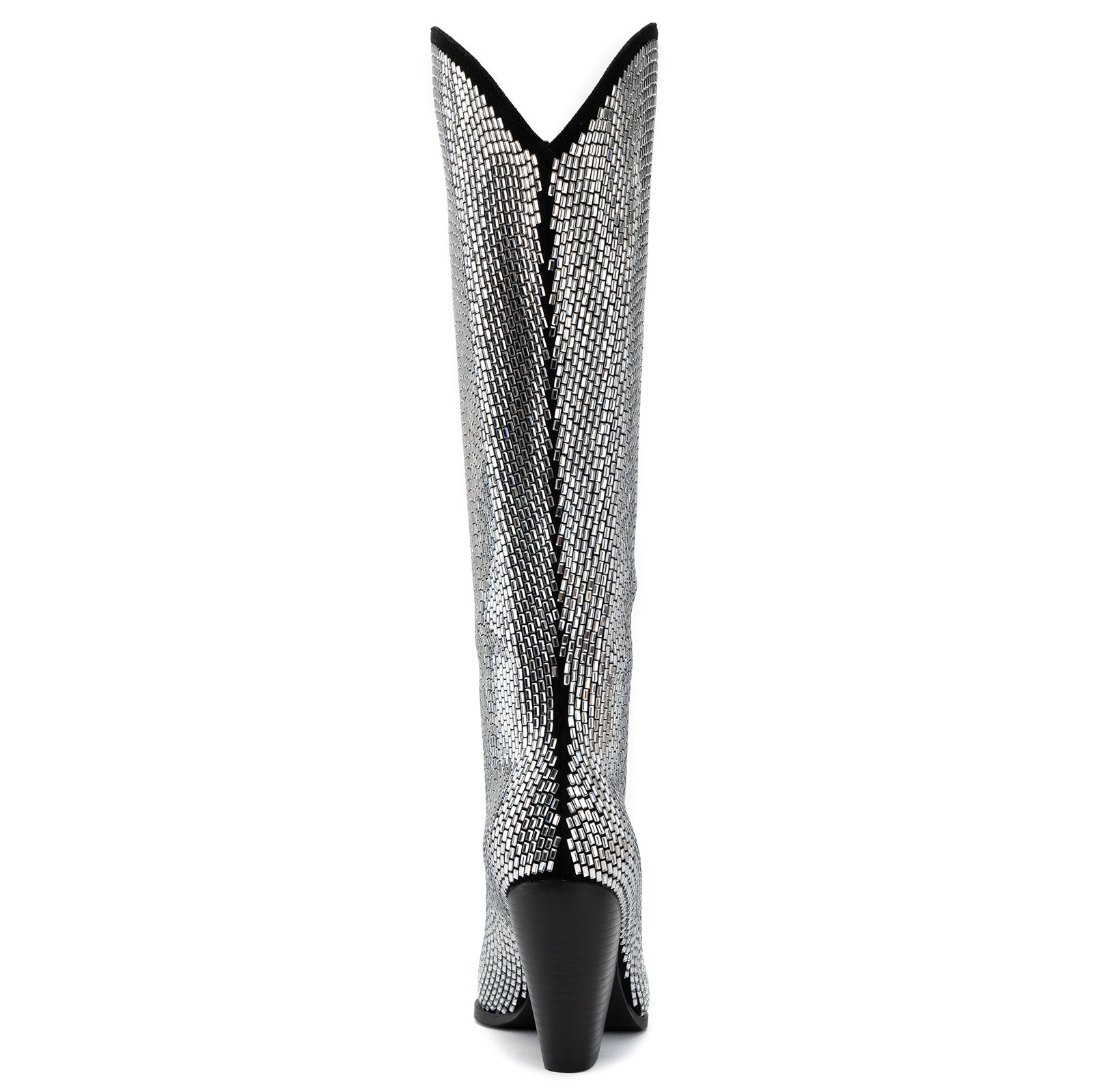 Tuhoomall Shiny Rhinestone Knee-High Boots for Parties and Performances, Stylish Pointed Toe Design, 9cm Chunky Heel, All-Season Wear