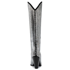 Tuhoomall Shiny Rhinestone Knee-High Boots for Parties and Performances, Stylish Pointed Toe Design, 9cm Chunky Heel, All-Season Wear