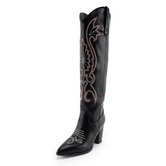Tuhoomall Western Floral Embroidered Knee-High Boots for Women - Comfortable Slip-On Design with Chunky Heel for Parties and Daily Wear