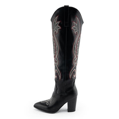 Tuhoomall Western Floral Embroidered Knee-High Boots for Women - Comfortable Slip-On Design with Chunky Heel for Parties and Daily Wear
