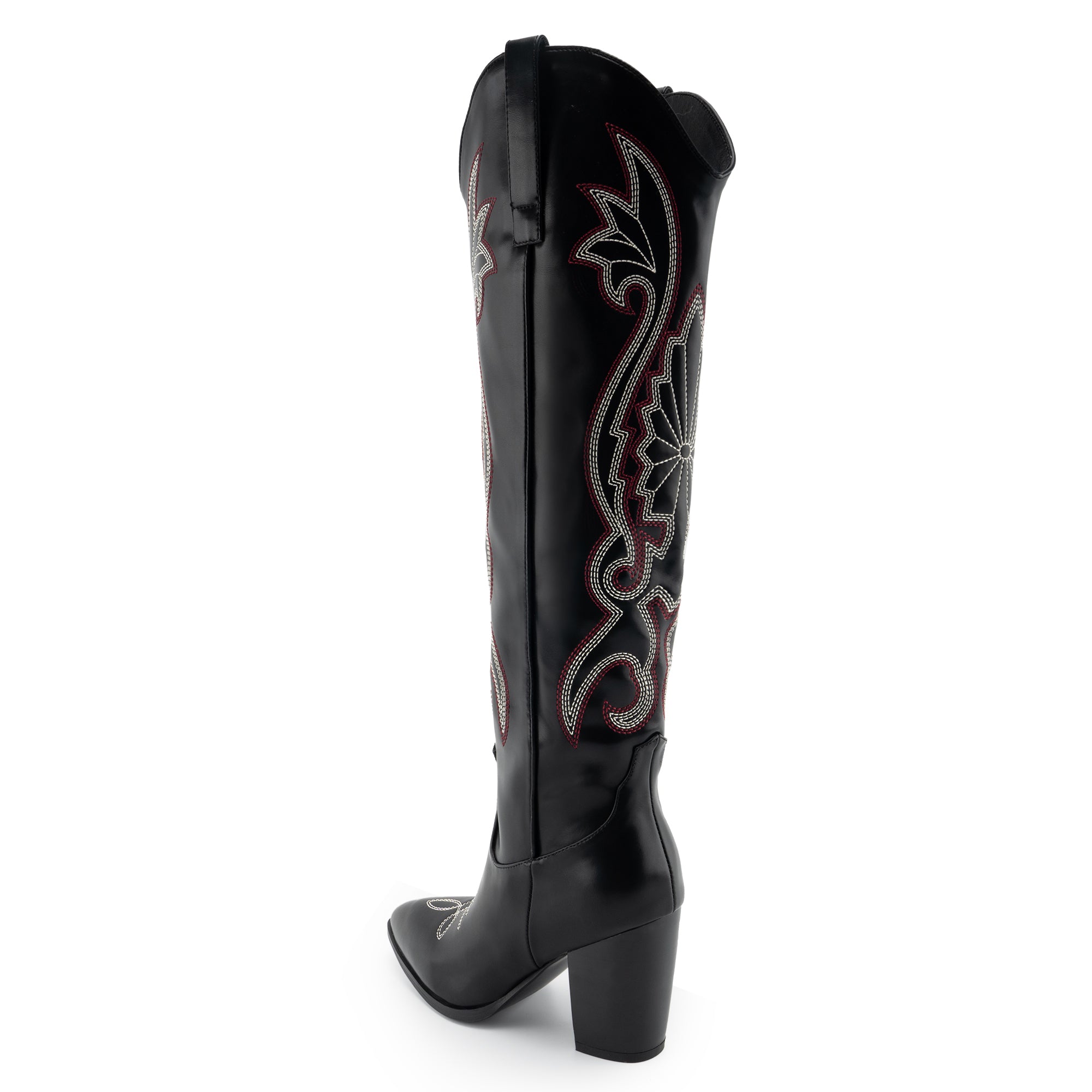 Tuhoomall Western Floral Embroidered Knee-High Boots for Women - Comfortable Slip-On Design with Chunky Heel for Parties and Daily Wear
