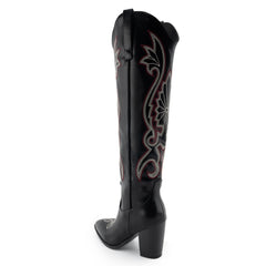 Tuhoomall Western Floral Embroidered Knee-High Boots for Women - Comfortable Slip-On Design with Chunky Heel for Parties and Daily Wear