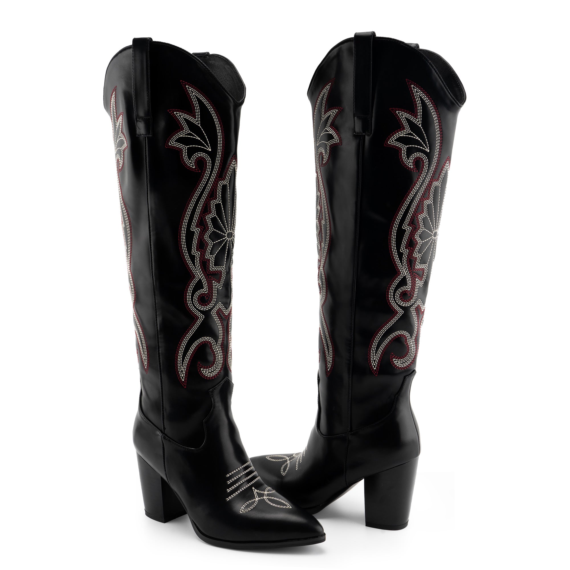 Tuhoomall Western Floral Embroidered Knee-High Boots for Women - Comfortable Slip-On Design with Chunky Heel for Parties and Daily Wear