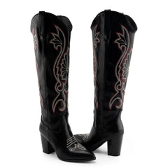 Tuhoomall Western Floral Embroidered Knee-High Boots for Women - Comfortable Slip-On Design with Chunky Heel for Parties and Daily Wear