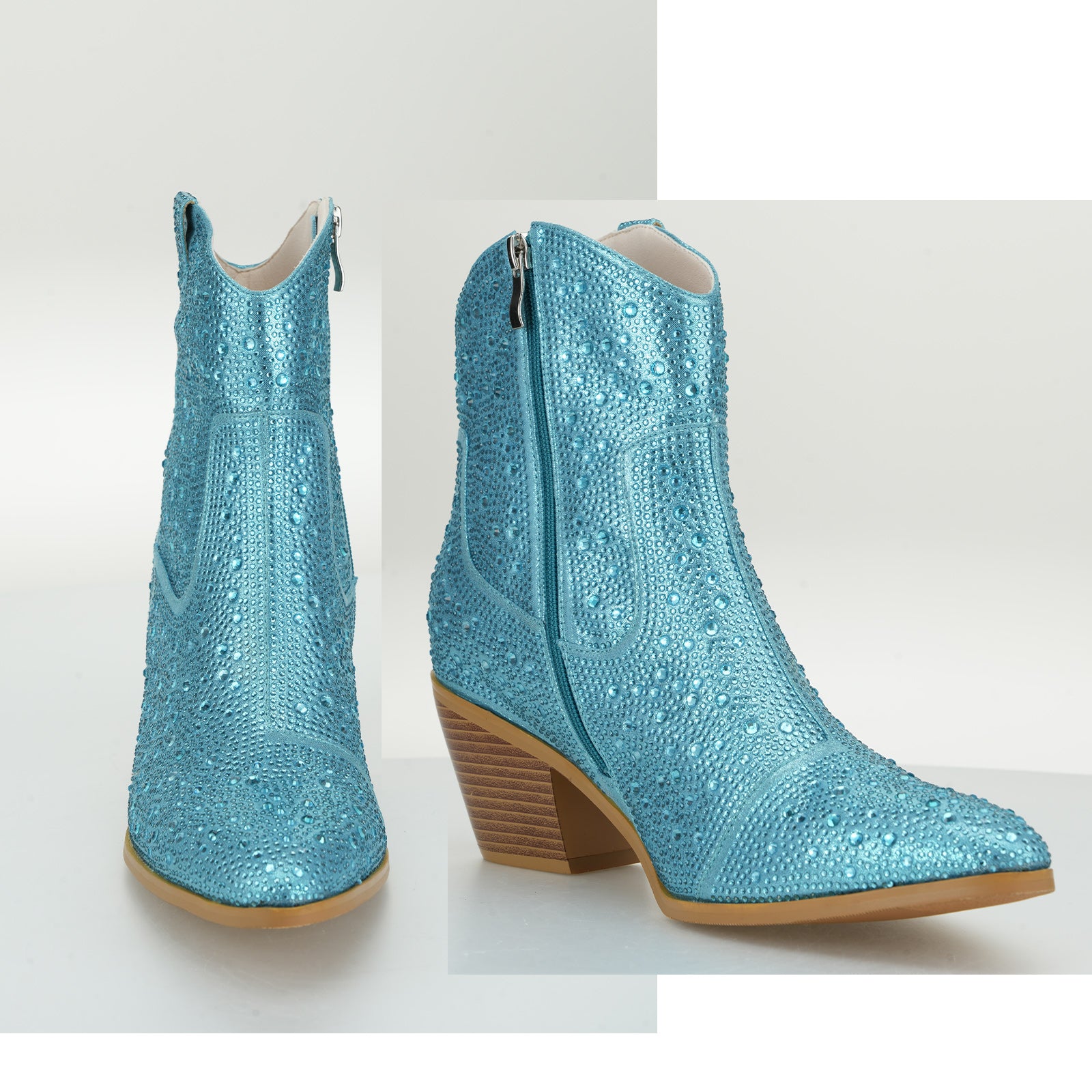 Tuhoomall Western LOW Heel Ankle Boots, Zipper Closure, Chic Rhinestone Detail, Solid Color, Perfect for Parties and All-Season Fashion
