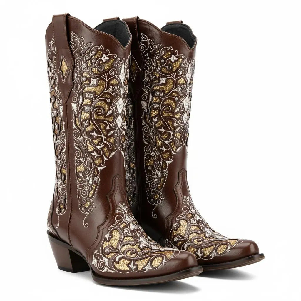 Tuhoomall Western Style Embroidered Mid-Calf Boots For Fashion, Travel, Outdoor - Chunky Heel, Faux Suede, Slip-On, Rhinestones, 3cm Heel Height Tuhoomall