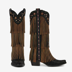 Tuhoomall Knee-High Fringe Boots with Rhinestones, Chunky Heel, Slip-On Design for Fashionable Occasions and Parties
