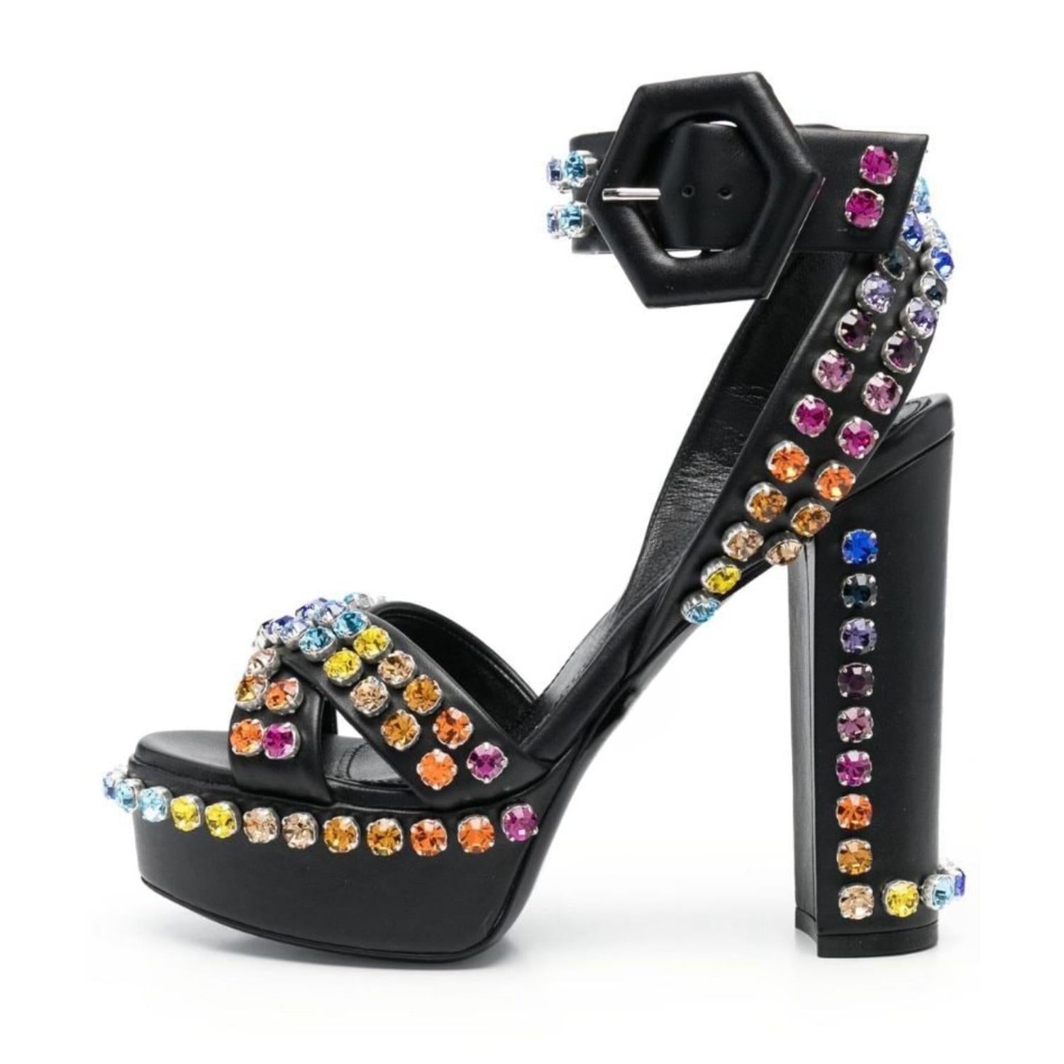 Tuhoomall Stylish Waterproof Platform High Heeled Sandals with Adjustable Ankle Strap and Geometric Rhinestone Design for Summer Elegance