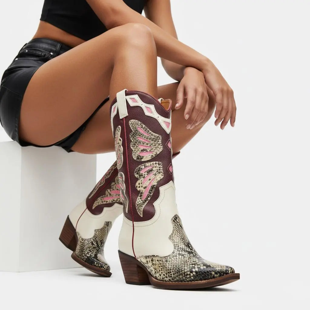 Tuhoomall Western Cowboy Boots for Women, Floral and Animal Print, Chunky Heels, Perfect for Parties and Fashion Events, Easy Slip-On Style Tuhoomall