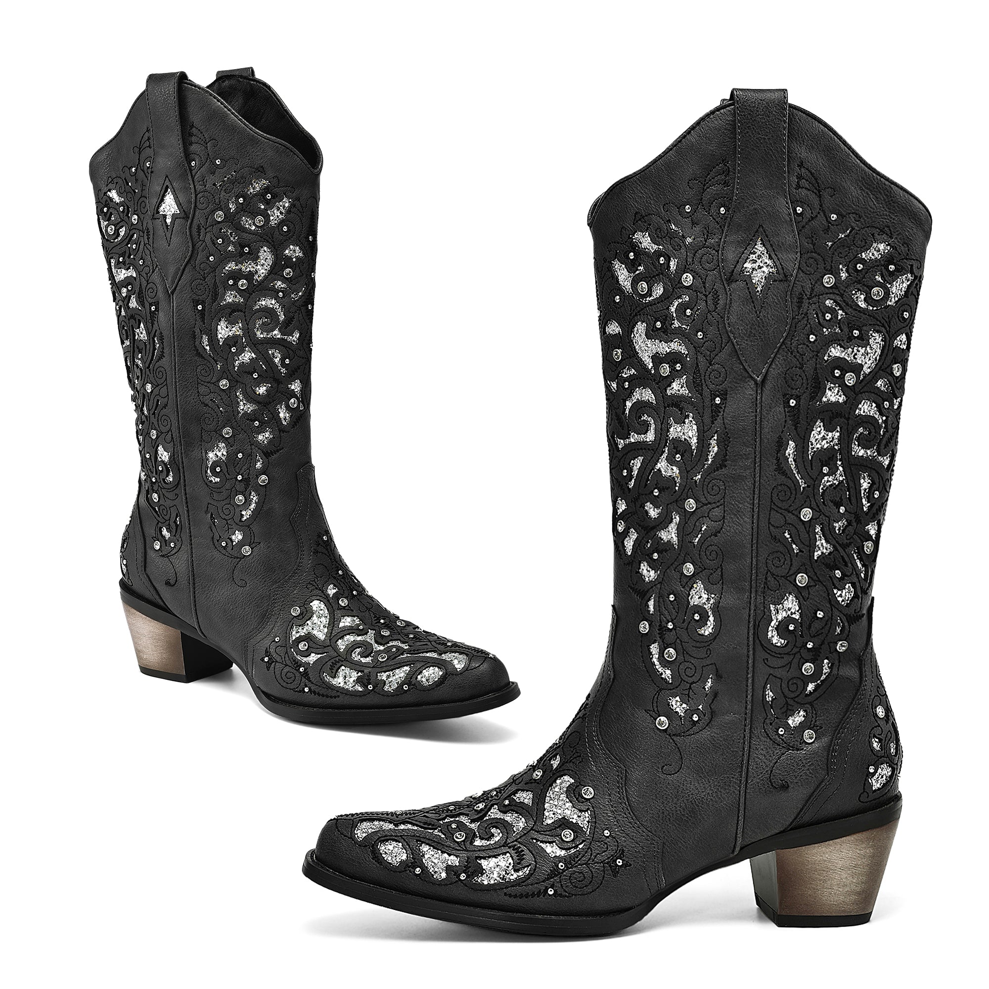 Tuhoomall Cowboy Boots for Women Western Square Toe Mid Calf White Cowgirl Boots Rhinestone Chunky Wedding