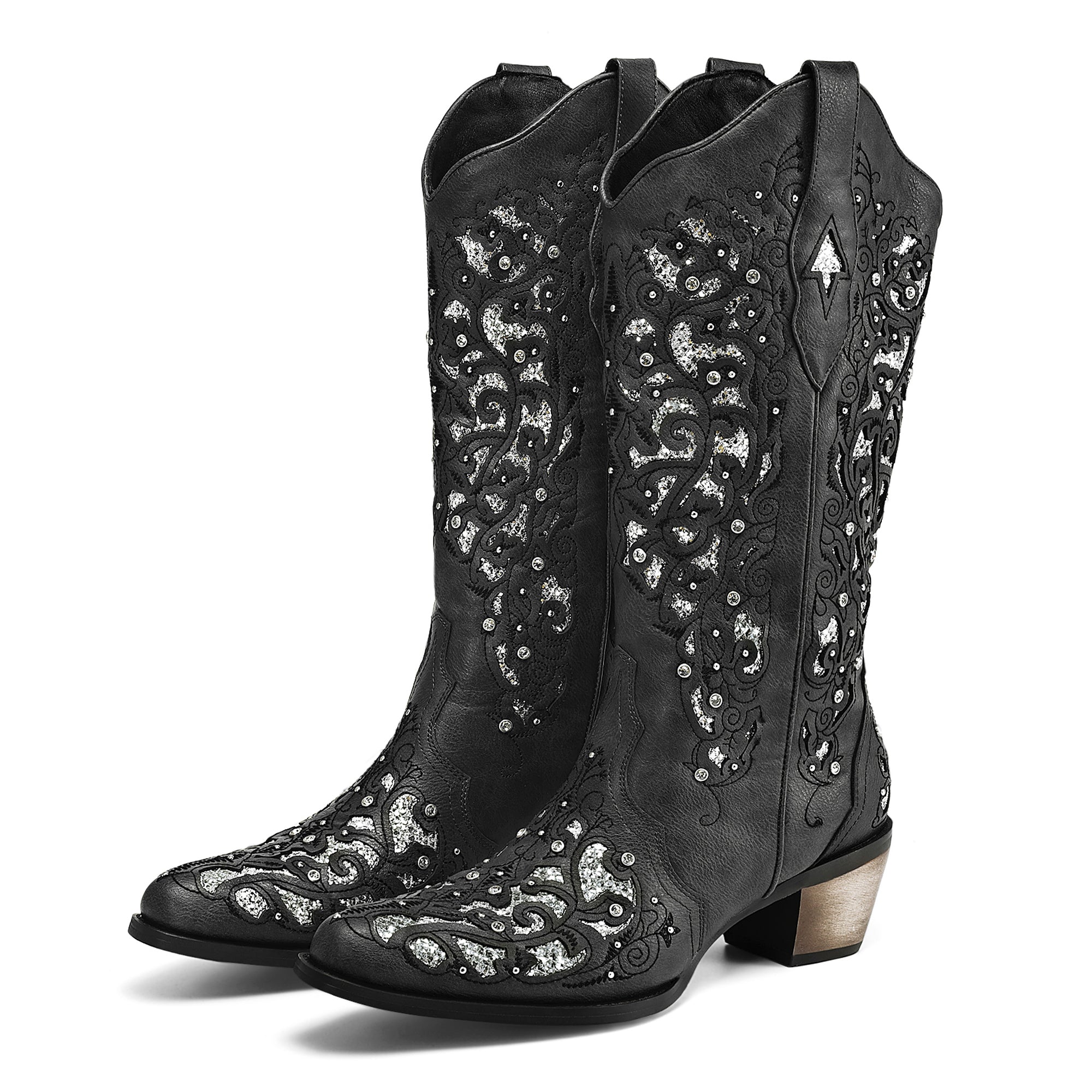Tuhoomall Cowboy Boots for Women Western Square Toe Mid Calf White Cowgirl Boots Rhinestone Chunky Wedding