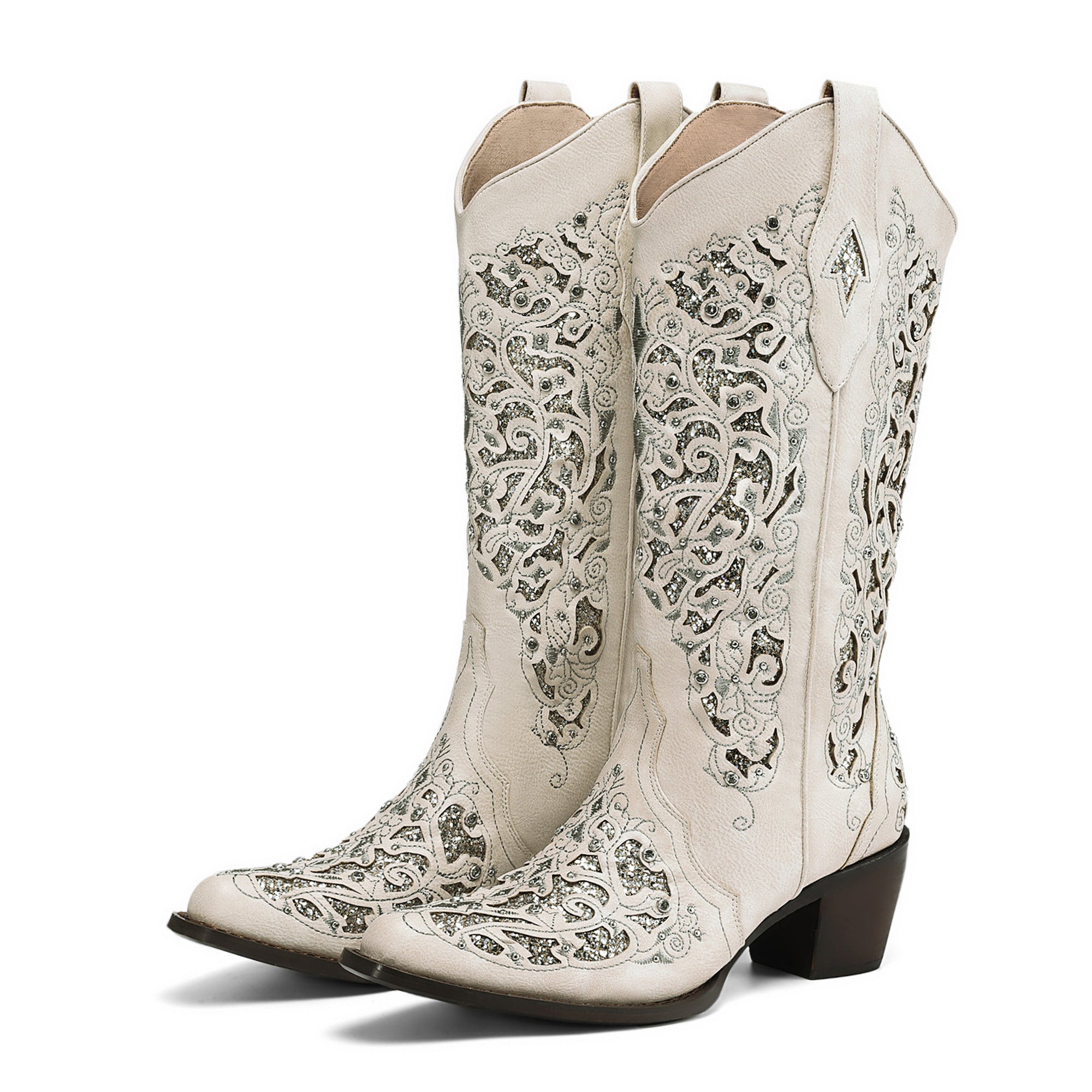 Tuhoomall Cowboy Boots for Women Western Square Toe Mid Calf White Cowgirl Boots Rhinestone Chunky Wedding