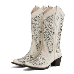 Tuhoomall Cowboy Boots for Women Western Square Toe Mid Calf White Cowgirl Boots Rhinestone Chunky Wedding