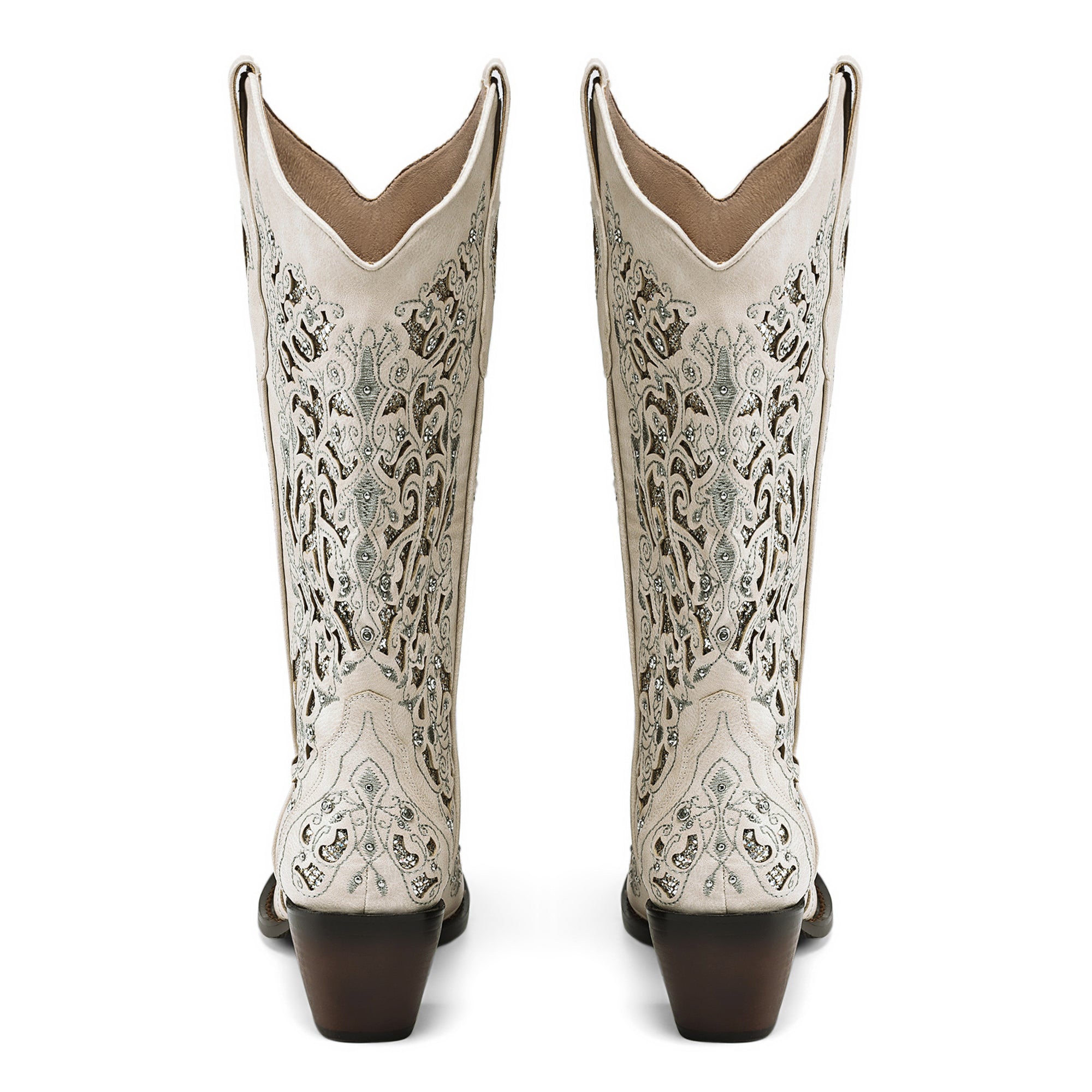 Tuhoomall Cowboy Boots for Women Western Square Toe Mid Calf White Cowgirl Boots Rhinestone Chunky Wedding