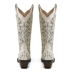 Tuhoomall Cowboy Boots for Women Western Square Toe Mid Calf White Cowgirl Boots Rhinestone Chunky Wedding