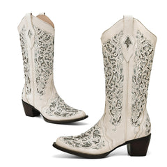 Tuhoomall Cowboy Boots for Women Western Square Toe Mid Calf White Cowgirl Boots Rhinestone Chunky Wedding