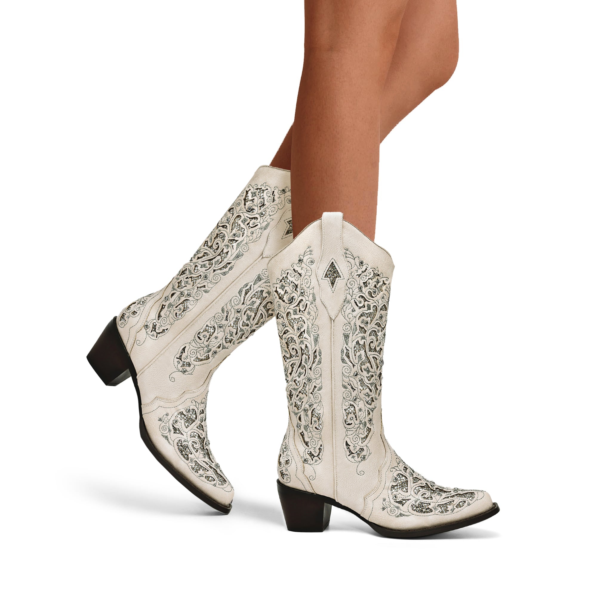 Tuhoomall Cowboy Boots for Women Western Square Toe Mid Calf White Cowgirl Boots Rhinestone Chunky Wedding