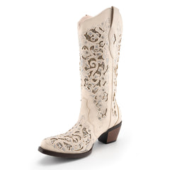 Tuhoomall Cowboy Boots for Women Western Square Toe Mid Calf White Cowgirl Boots Rhinestone Chunky Wedding