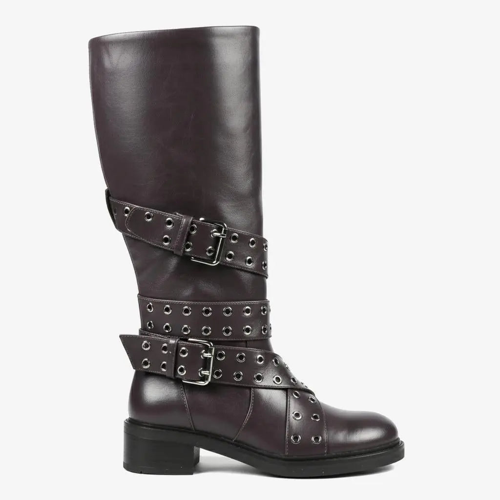 Tuhoomall Knee-High Stylish PU Combat Boots for Women with Adjustable Buckles and Metallic Accents, Casual and Formal Wear, Comfortable Low Chunky Heel Tuhoomall