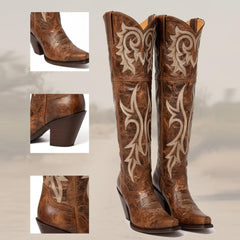 Tuhoomall Western Over-the-Knee Boots for Women, Chunky Heel, Snip-Toe, Embroidered, Slip-On, Distressed Style for Parties and Casual Outings