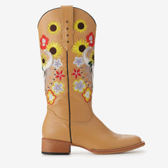 Tuhoomall Western Cowgirl Mid Calf Boots, Floral Embroidery, Chunky Heel Slip-On for Casual Outdoor Fashion