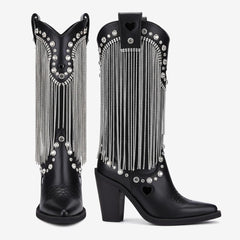 Tuhoomall Chunky Heel Western Rhinestone Booties with Fringes for Fashion Events, Pointed Toe, Slip-On Style, All-Day Comfort, Eye-Catching Design