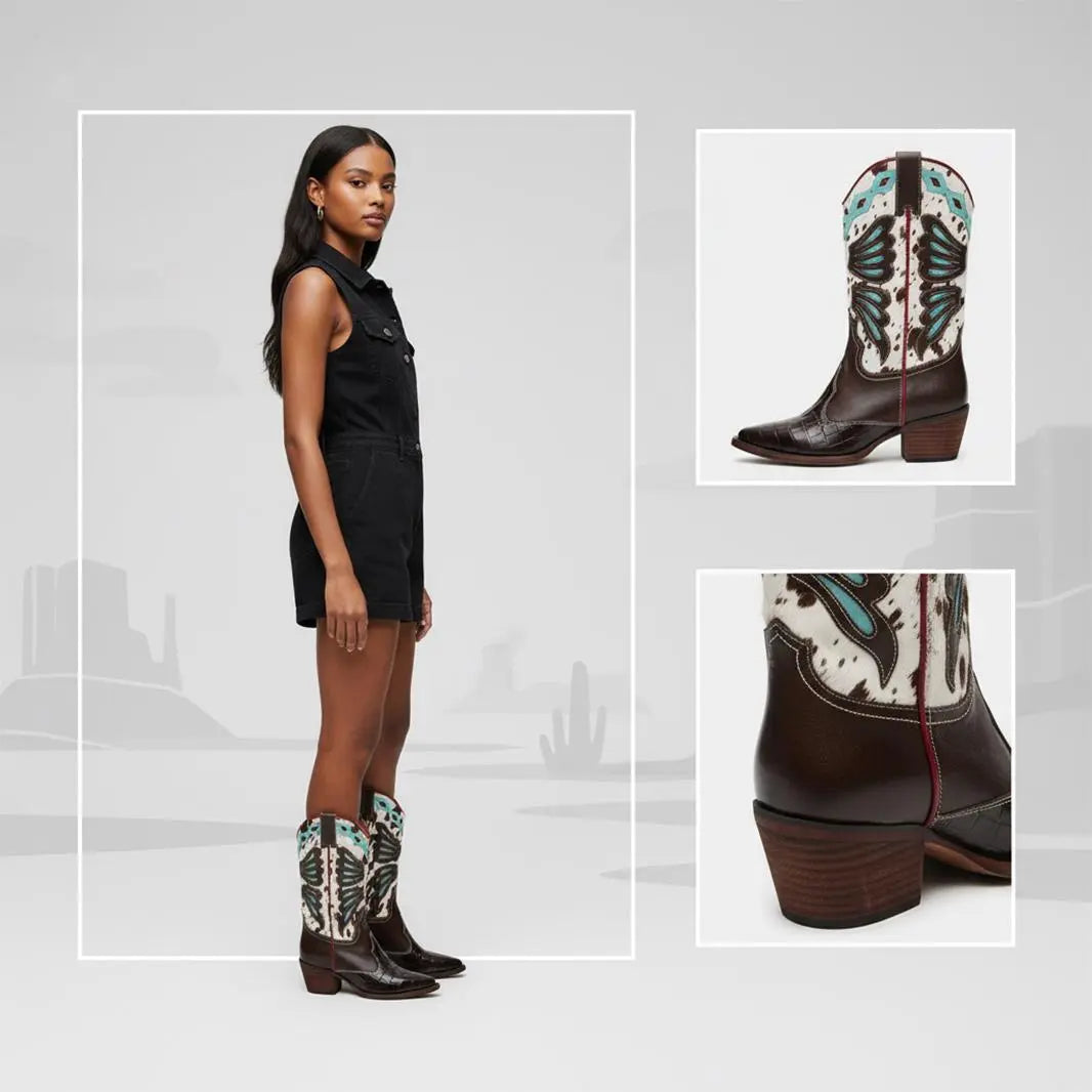 Tuhoomall Western Cowboy Boots for Women, Floral and Animal Print, Chunky Heels, Perfect for Parties and Fashion Events, Easy Slip-On Style Tuhoomall
