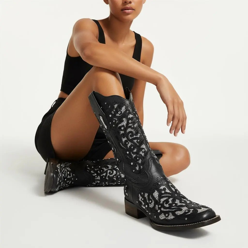 Tuhoomall Western Style Embroidered Mid-Calf Boots For Fashion, Travel, Outdoor - Chunky Heel, Faux Suede, Slip-On, Rhinestones, 3cm Heel Height Tuhoomall