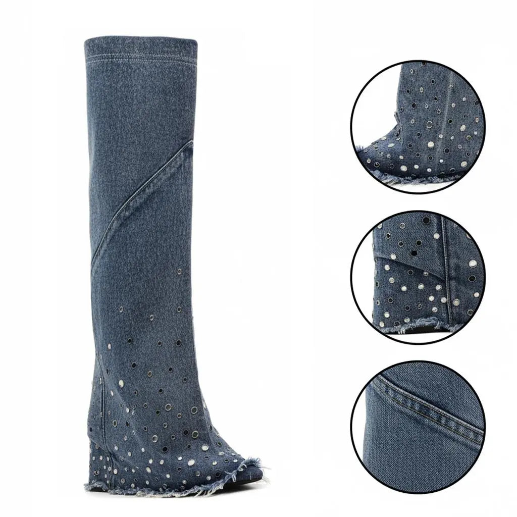 Tuhoomall Over-The-Knee Boots with Fringe and Studs for Party and Performance, Vintage Style, Slip-On Wedge Heel Tuhoomall
