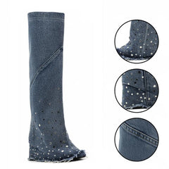 Tuhoomall Over-The-Knee Boots with Fringe and Studs for Party and Performance, Vintage Style, Slip-On Wedge Heel Tuhoomall
