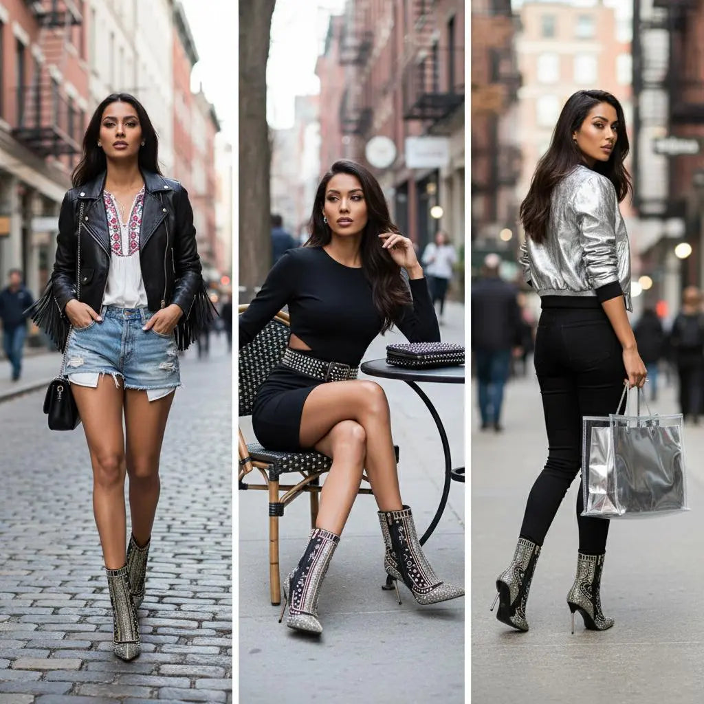 Tuhoomall Stylish Short Ankle Boots With Zipper, Rhinestones And Studs For Parties, Performances, And Fashion Events Tuhoomall