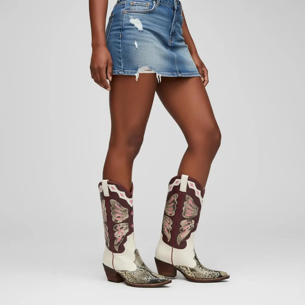 Tuhoomall Western Cowboy Boots for Women, Floral and Animal Print, Chunky Heels, Perfect for Parties and Fashion Events, Easy Slip-On Style Tuhoomall